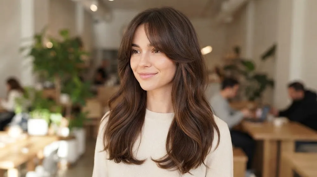 A woman with a heart-shaped face smiling, featuring long, chocolate-brown hair styled in a U-cut with soft curtain bangs that frame her cheekbones.