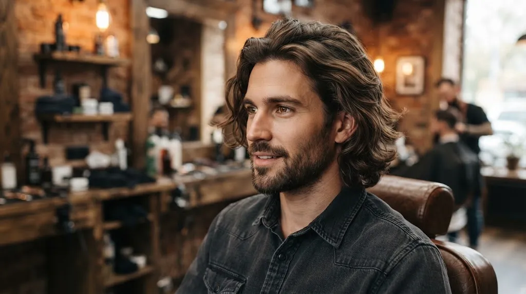 A man with a longer textured men haircut showcasing natural movement and separation in a modern salon
