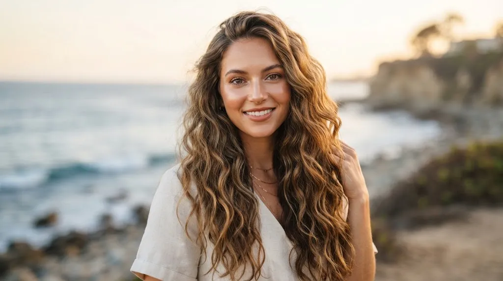 A woman with long hair styled in effortless, loose beach-wave curls with natural volume and texture