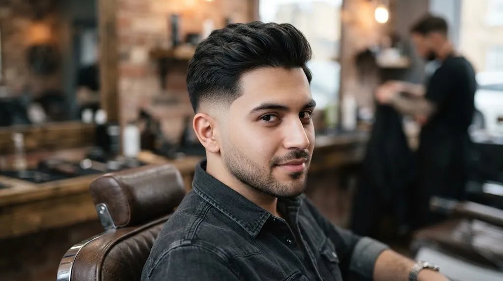 A stylish man with a clean low fade haircut showing the fade starting just above the ears and a balanced, neat transition.