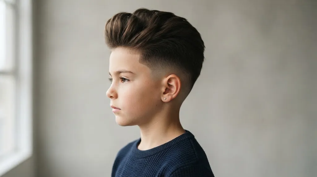 Side profile of a young boy with a sharp low fade and voluminous pompadour haircut
