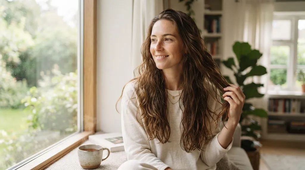 A person with long, healthy hair air-drying naturally with soft waves and natural lighting