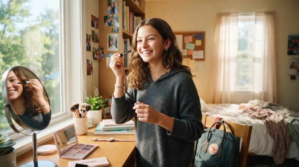 A teenage girl with a low-maintenance collarbone-length blunt haircut getting ready for school in a sunny room