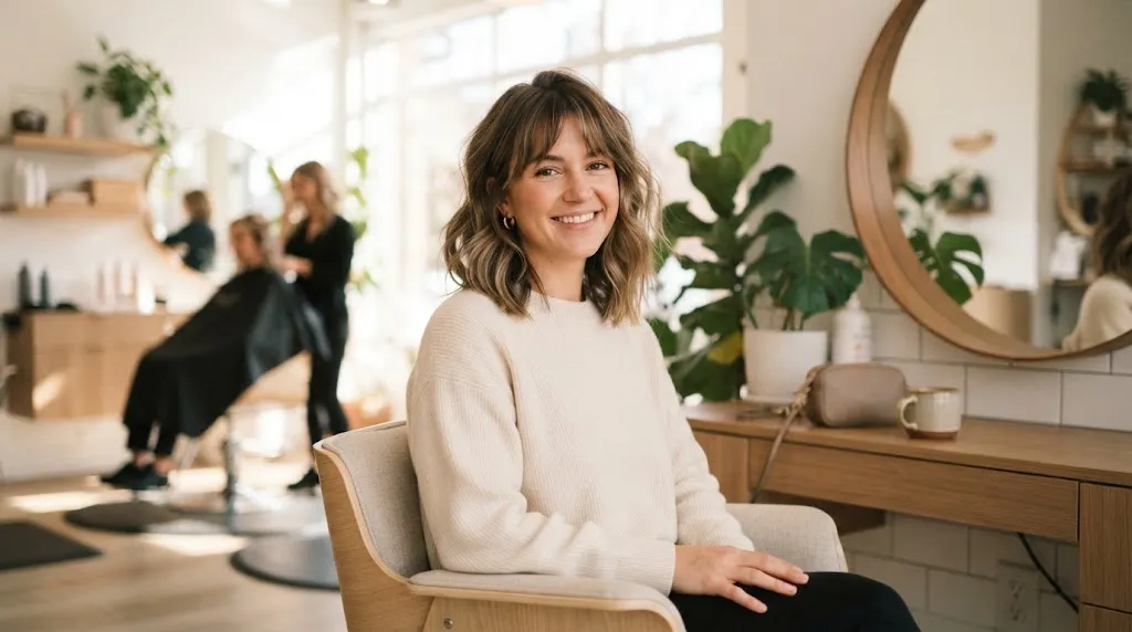 A person showing a stylish, easy-to-manage, low-maintenance medium-length haircut in a modern salon setting.