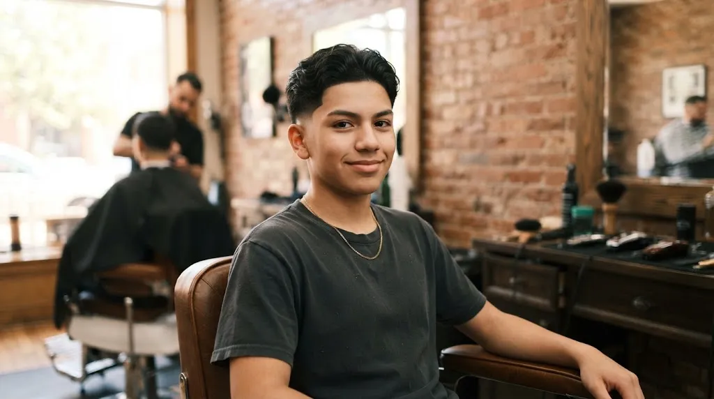 Teenage boy showing a clean low taper fade haircut with textured hair on top in a modern barbershop