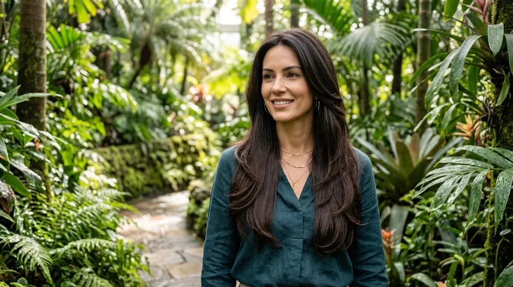 A stylish woman with a long layered haircut maintaining smooth frizz-free hair in a humid climate