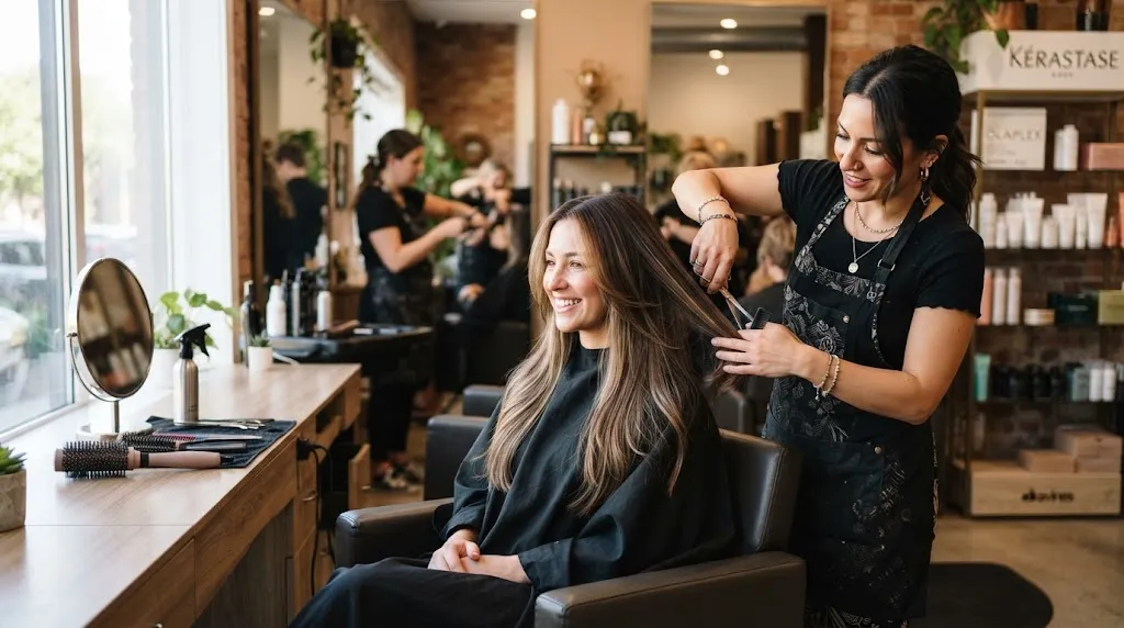Professional hairstylist giving a touch-up trim to maintain long layered hair for a chubby face shape