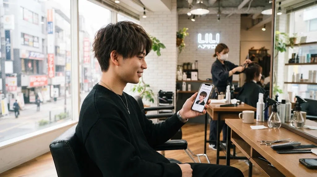 A stylish young man in a modern Tokyo salon comparing his new Japanese haircut with a reference photo on his smartphone.