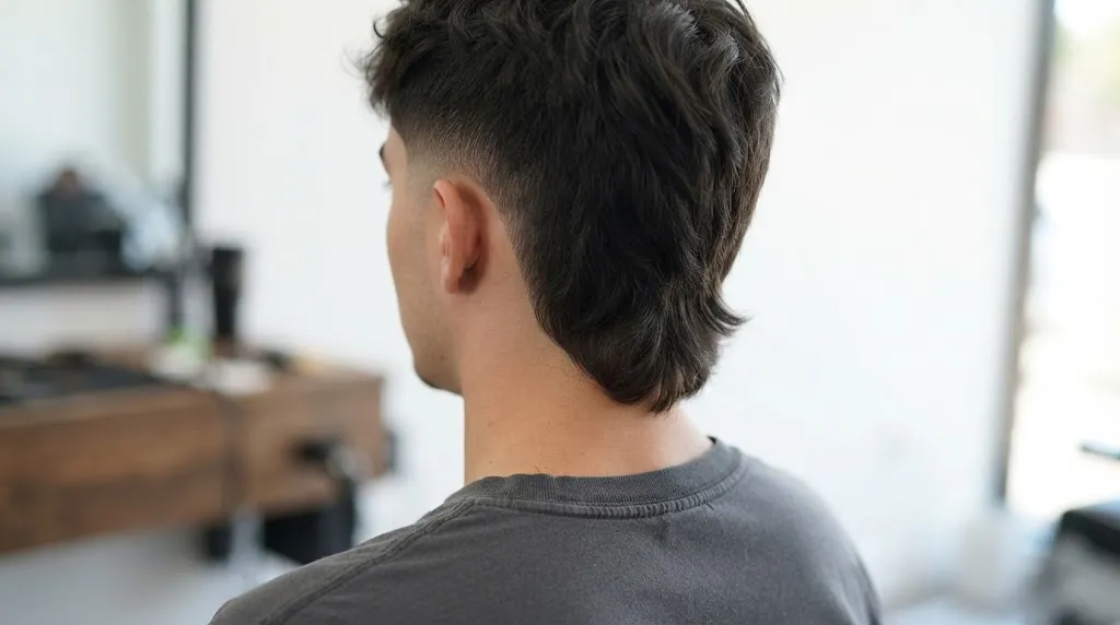 A close-up, back-view photograph of a man in a barbershop showcasing the initial stages of growing a distinct tail haircut, with faded sides and approximately 4 inches of length at the nape.