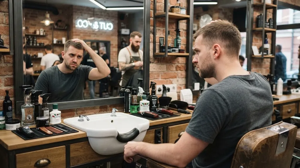 A man looking in the mirror feeling disappointed with his haircut being too short after visiting the barber.