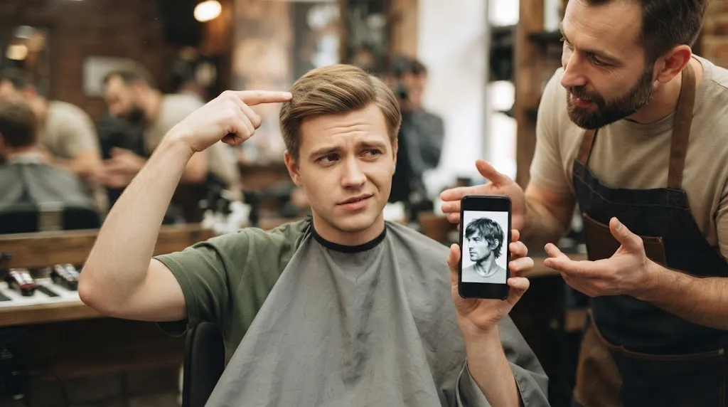 A client in a barber cape looking perplexed at his hair in the mirror while a barber holds up a smartphone showing a different reference photo.