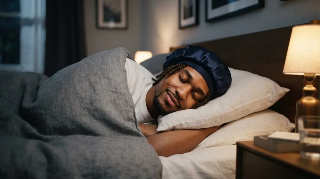 A young Black man sleeping peacefully in bed wearing a satin bonnet to protect his hair twists at night