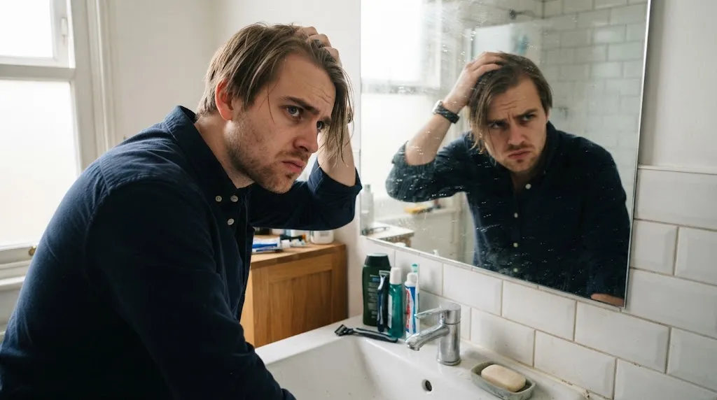A man looking at his reflection in a mirror frustrated by his straight hair going flat and limp by midday