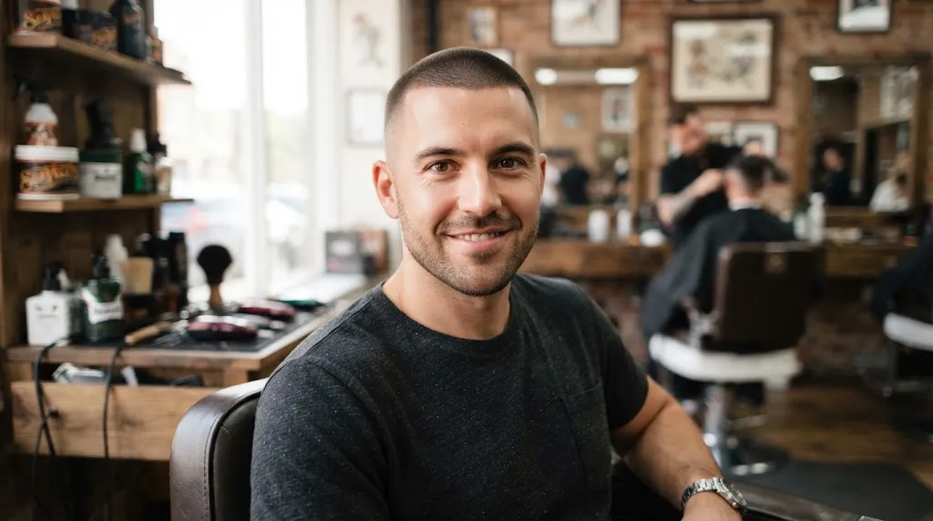 A man displaying a clean, uniform short buzz cut hairstyle with faded sides and sharp neckline