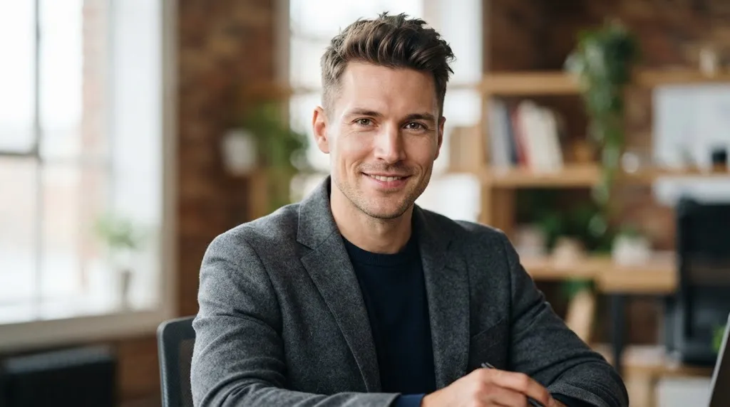 Professional portrait of a man showcasing an oblong face shape with a balanced, stylish haircut
