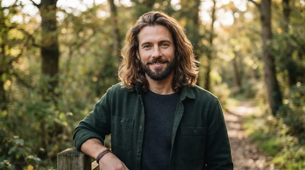 A handsome man with an oval face shape showcasing long flowing hair and a well-groomed medium beard