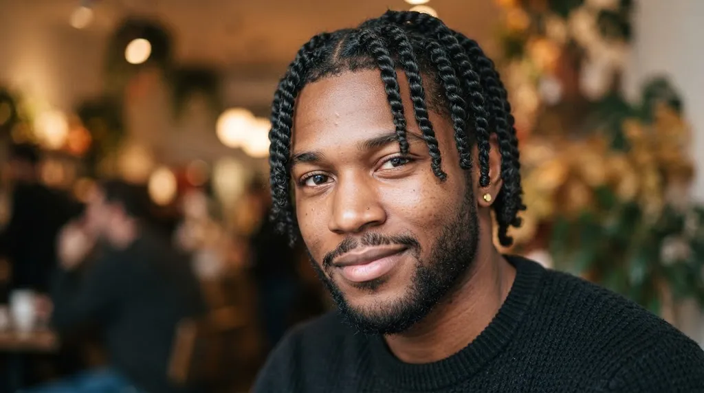 Close-up portrait of a man showcasing a neat and textured two-strand twist-out hairstyle for men