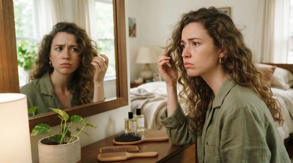 A young woman checking her natural wavy curly hair in the bedroom mirror to manage morning frizz on day two.