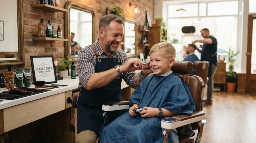 A friendly barber gently cutting a young boy's hair in a bright and welcoming barbershop, showing a calm and stress-free haircut experience.
