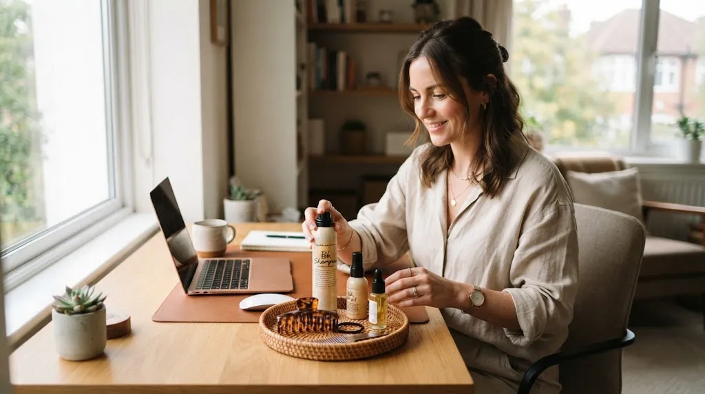 Professional woman at an office desk managing multi-day office hair with a dry shampoo and a claw clip near a window