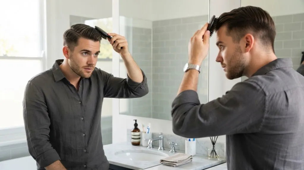 A clean-cut man maintaining his straight hairstyle while managing natural oil and shine in a bright bathroom setting.