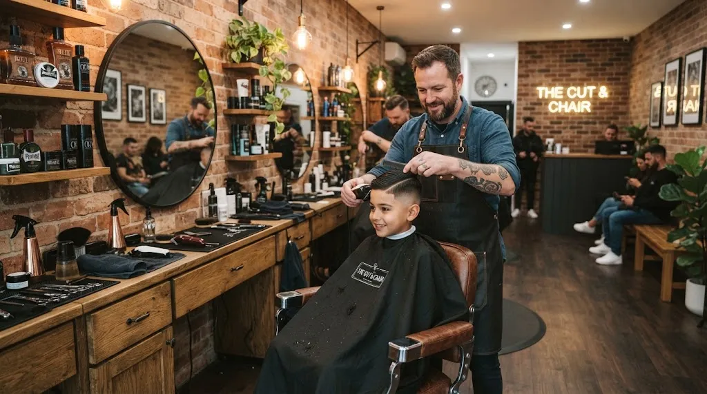Professional barber communicating with a young boy in a modern barbershop to get the perfect haircut