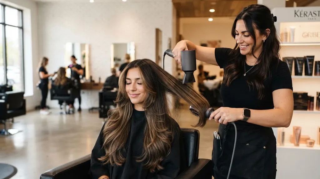 Professional hairstylist using a concentrator nozzle blow-dryer downward on long layered hair for vertical face-slimming effect