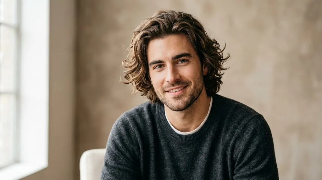 A man with medium length wavy hair between 3 to 6 inches showing natural wave texture and effortless volume