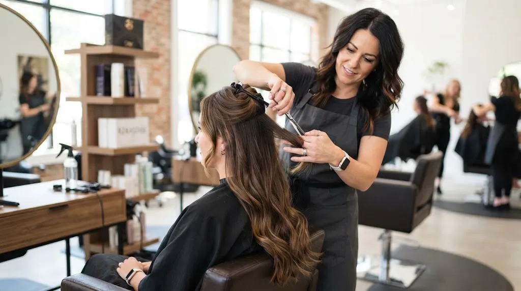 Professional hairstylist performing a medium layer step cut with visible cascading tiers on long hair in a modern salon