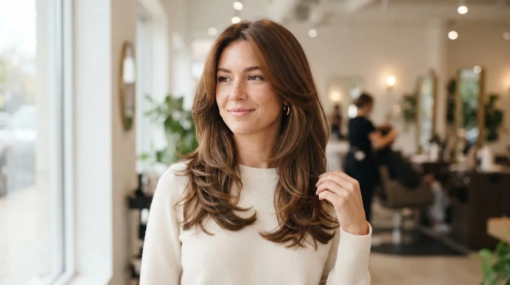 A woman with glossy, warm brown hair styled with beautiful, flowing medium layers that reach her collarbone.