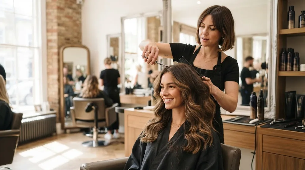 Professional stylist cutting and shaping a woman's medium-length hair with soft face-framing layers in a salon