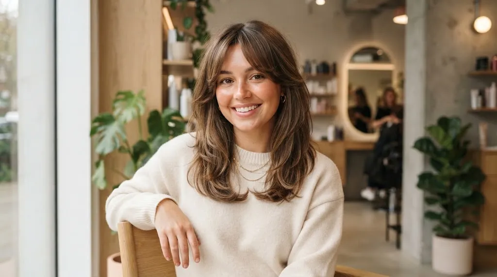 A young woman with a round face shape showcasing a trendy medium-length haircut with face-framing layers and curtain bangs in a modern salon setting.