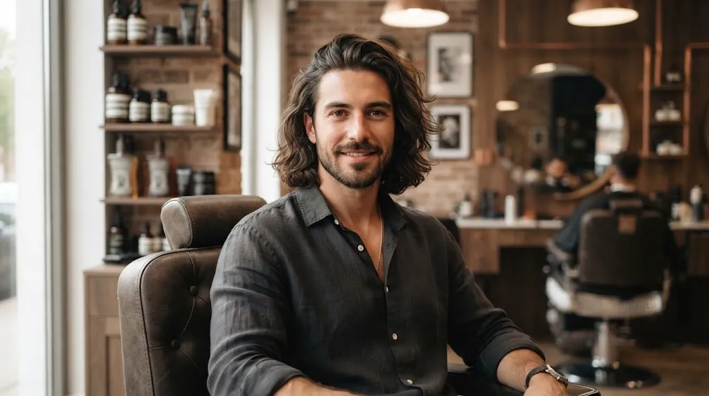 A stylish man with medium-length flowing hair and natural movement showcasing a cut suited for a round face shape.