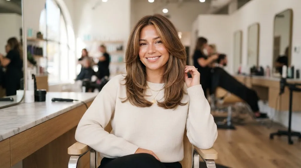 Modern medium-length layered haircut with soft face-framing strands on a young woman in a salon
