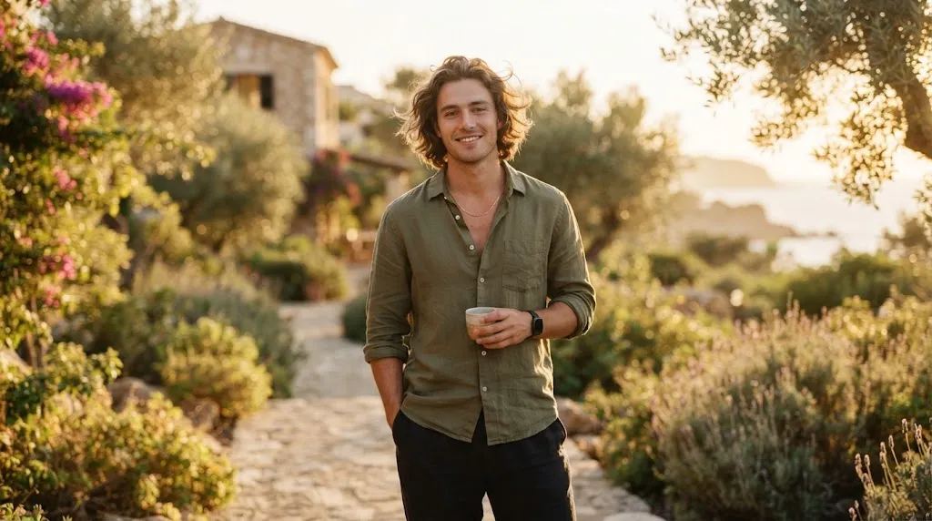 A handsome young man showcasing effortless medium-length loose waves with natural movement in warm sunlight
