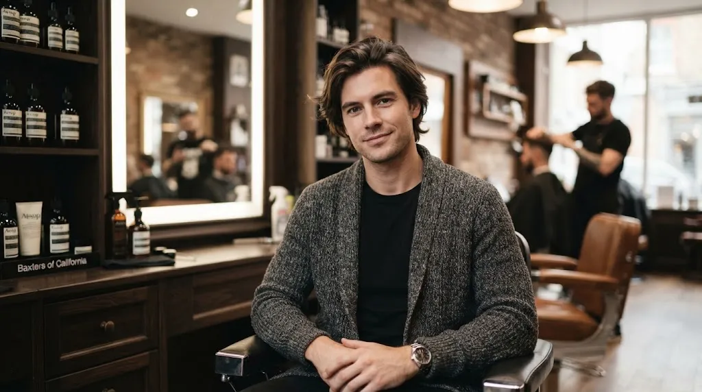 A stylish man with clean medium-length straight hair, showcasing a layered haircut and natural movement in a modern salon setting.