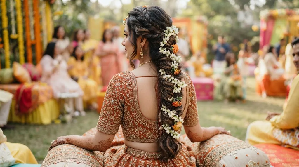 A gorgeous side-swept fishtail braid decorated with fresh jasmine and floral stems for a vibrant outdoor Mehendi ceremony.