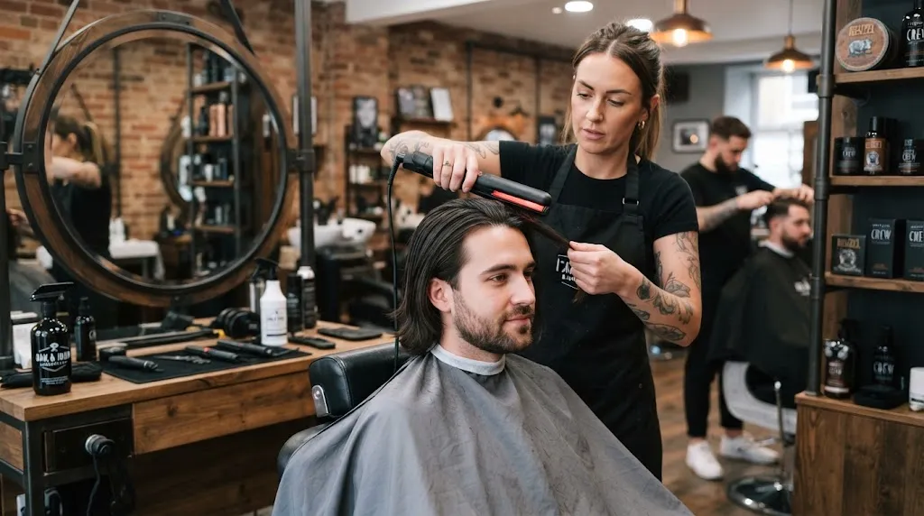 A professional hairstylist using a ceramic flat iron to straighten a man's straight hairstyle in a modern barbershop.