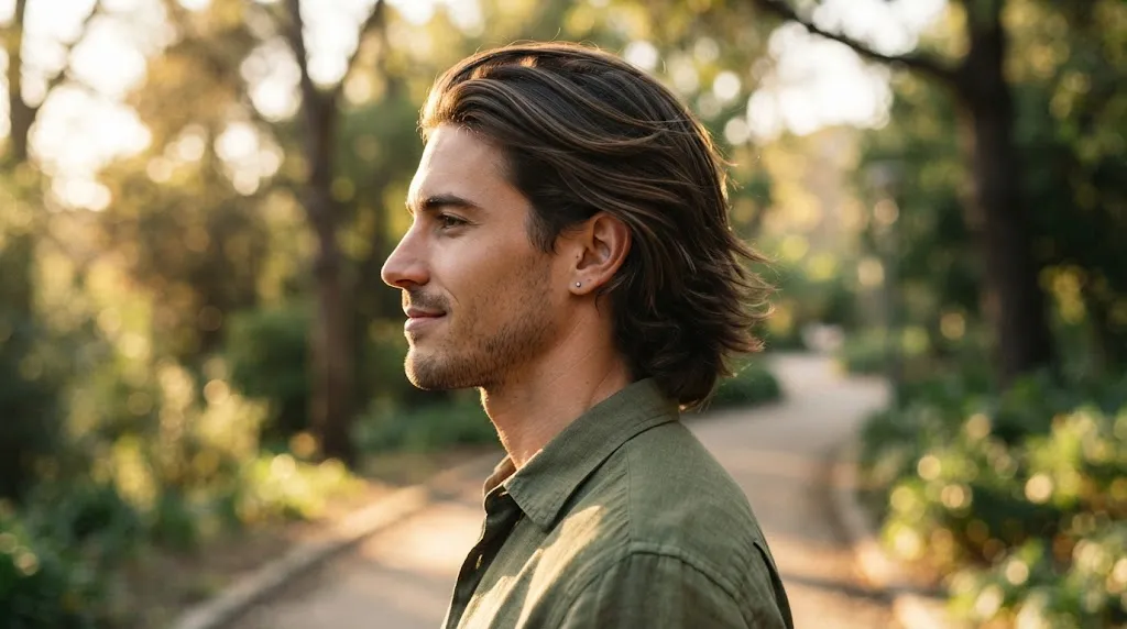 Side profile of a young man with a natural medium-length layered flow hairstyle sweeping back and past his ears outdoors
