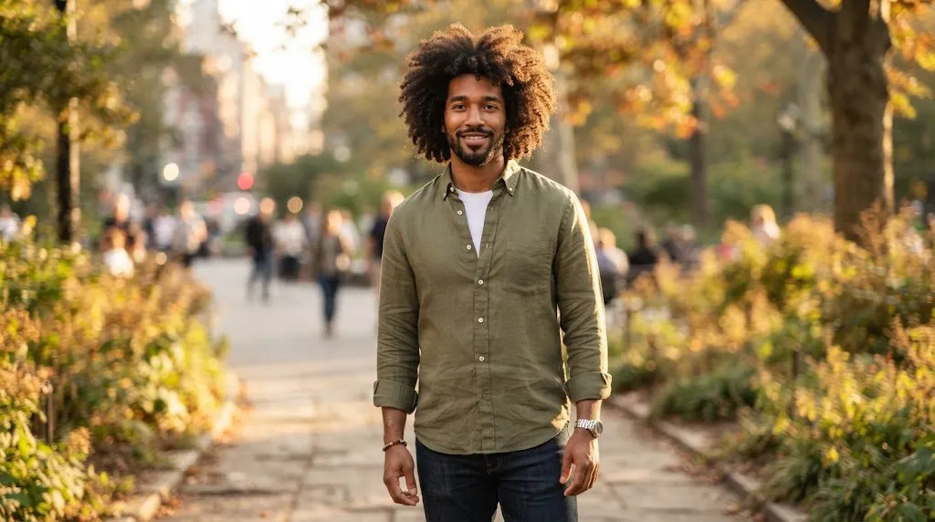 A stylish man with a well-maintained medium-length flow haircut and defined coily afro-textured hair