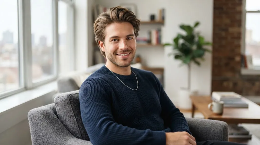 A stylish young man with thin hair wearing a short flow hairstyle designed to add volume and texture.