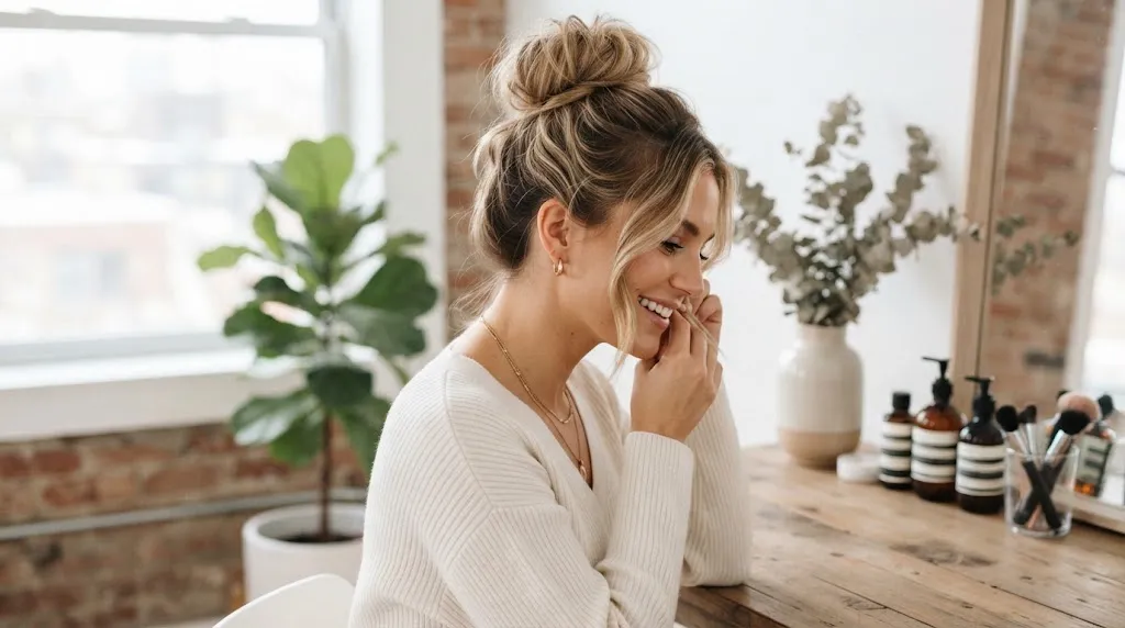 A young woman with a chic, voluminous messy donut bun hairstyle styled for a special occasion or casual day out