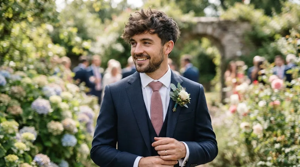 Modern groom with a stylish messy and textured hairstyle wearing a wedding suit in an outdoor setting