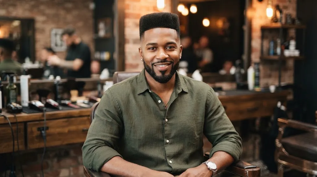 A stylish man with a modern mid box fade haircut showcasing a structured squared top and smooth tapered sides in a barbershop.