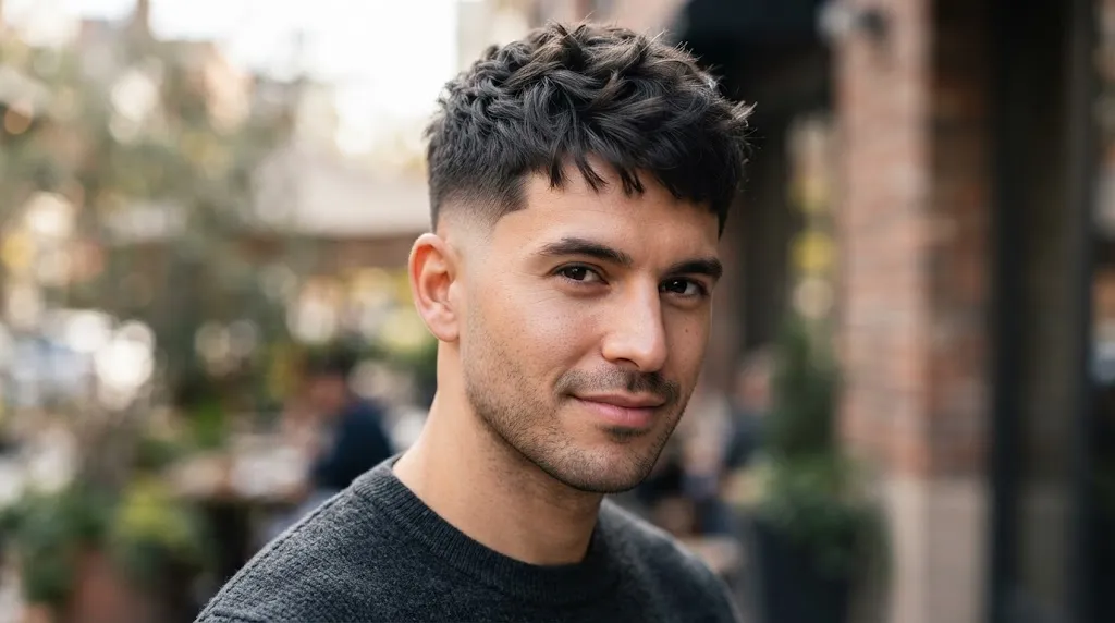 Professional men's haircut showing a mid drop fade with a textured crop on top, designed to slim round and chubby faces.