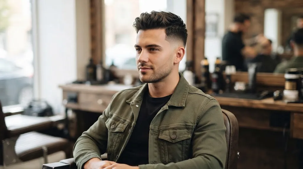 A man sitting in a barbershop showcasing a clean mid fade haircut with short sides and textured top on a 16:9 landscape layout