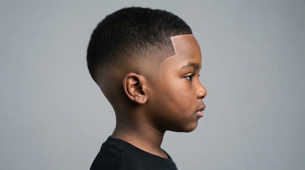 Close-up side profile of a young boy showcasing a clean mid fade haircut with a sharp and precise line-up