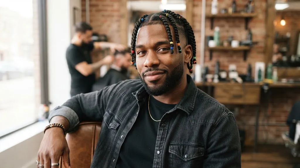 Black man with stylish mid-length two-strand twists styled with small elastics and a clean skin fade