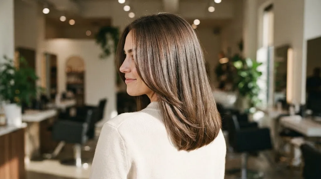 A woman with healthy, glossy brunette hair styled in a beautiful mid-length U-cut, showing the curved perimeter and long layers in a salon setting.