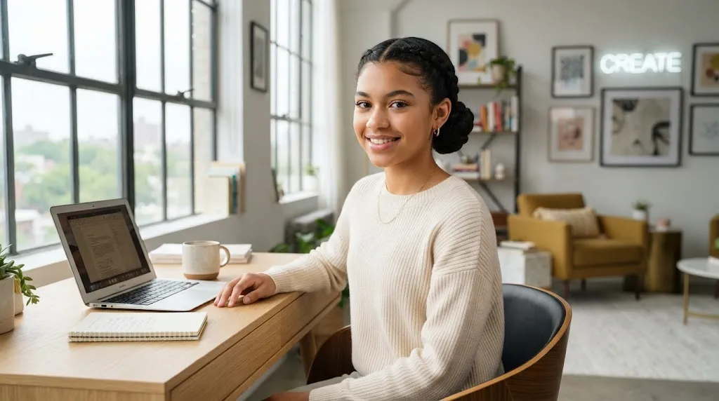 A teenage girl with a secure, long-lasting hairstyle looking in the mirror, solving midday style collapse